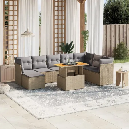 Salon de jardin avec coussins 9 pcs beige résine tressée
