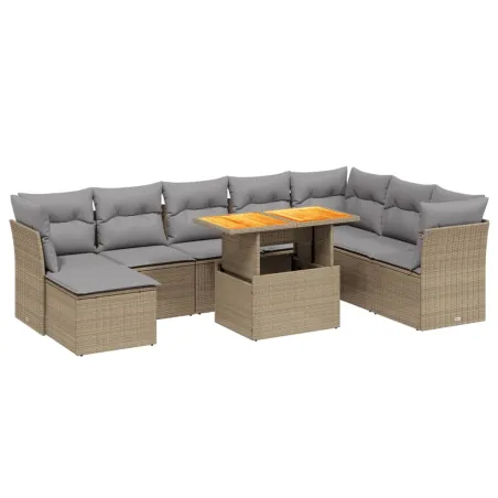 Salon de jardin avec coussins 9 pcs beige résine tressée