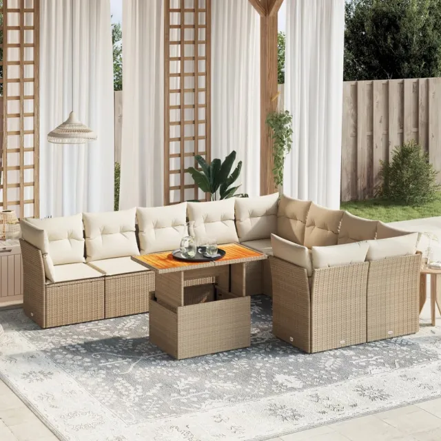 Salon de jardin avec coussins 10 pcs beige résine tressée