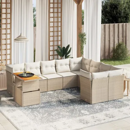 Salon de jardin avec coussins 10 pcs beige résine tressée