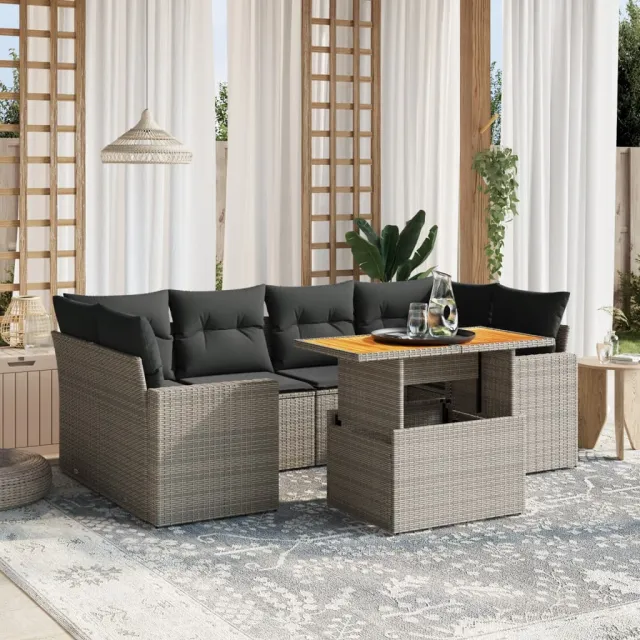 Salon de jardin avec coussins 7 pcs gris résine tressée