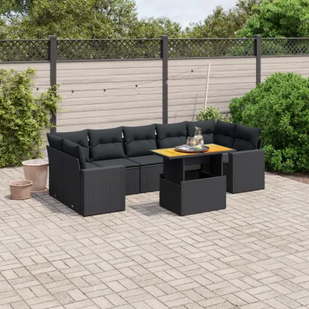 Salon de jardin 8 pcs avec coussins noir résine tressée
