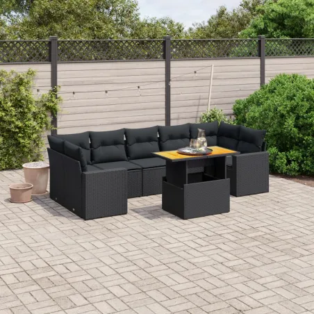 Salon de jardin 8 pcs avec coussins noir résine tressée