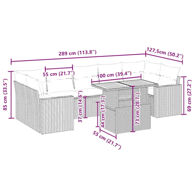 Salon de jardin avec coussins 8 pcs beige résine tressée