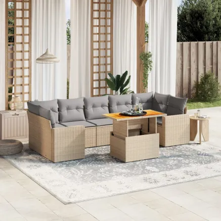Salon de jardin avec coussins 8 pcs beige résine tressée