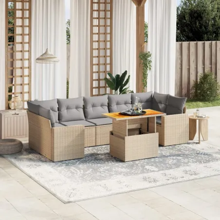 Salon de jardin avec coussins 8 pcs beige résine tressée