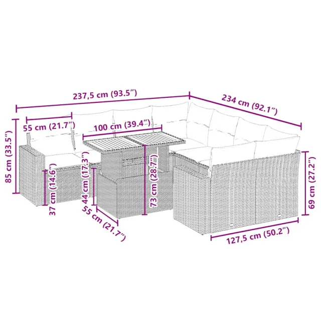 Salon de jardin avec coussins 9 pcs beige résine tressée