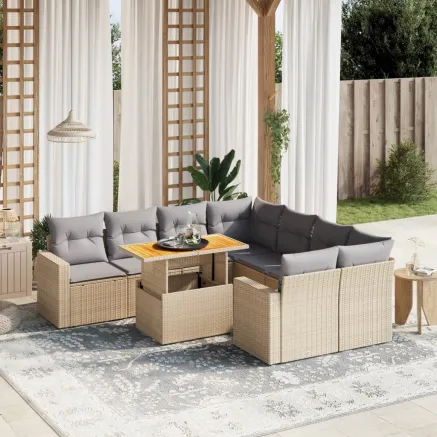 Salon de jardin avec coussins 9 pcs beige résine tressée
