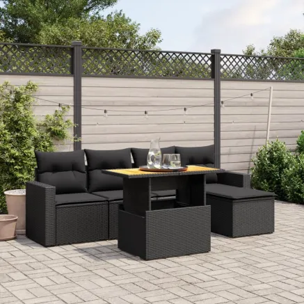 Salon de jardin 6 pcs avec coussins noir résine tressée