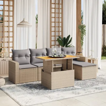 Salon de jardin avec coussins 6 pcs beige résine tressée