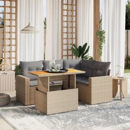 Salon de jardin avec coussins 5 pcs beige résine tressée