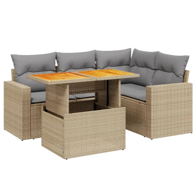 Salon de jardin avec coussins 5 pcs beige résine tressée