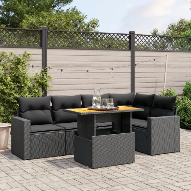 Salon de jardin 6 pcs avec coussins noir résine tressée