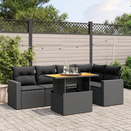 Salon de jardin 6 pcs avec coussins noir résine tressée