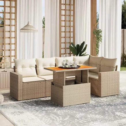 Salon de jardin avec coussins 6 pcs beige résine tressée
