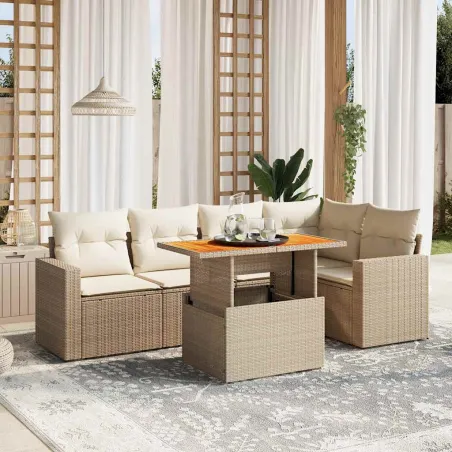 Salon de jardin avec coussins 6 pcs beige résine tressée