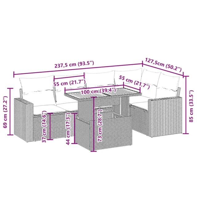 Salon de jardin avec coussins 6 pcs beige résine tressée
