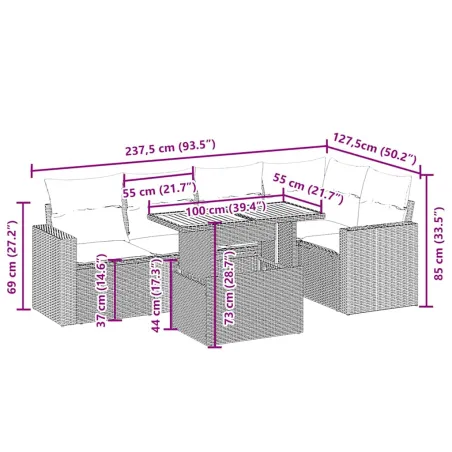 Salon de jardin avec coussins 6 pcs beige résine tressée