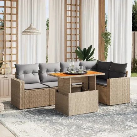 Salon de jardin avec coussins 6 pcs beige résine tressée