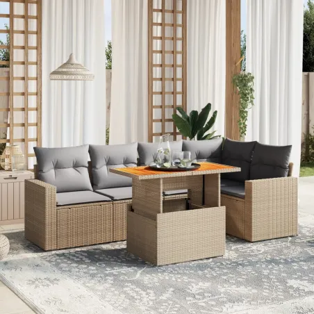Salon de jardin avec coussins 6 pcs beige résine tressée