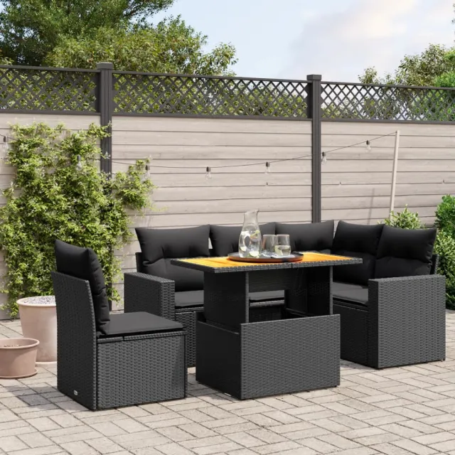 Salon de jardin 6 pcs avec coussins noir résine tressée