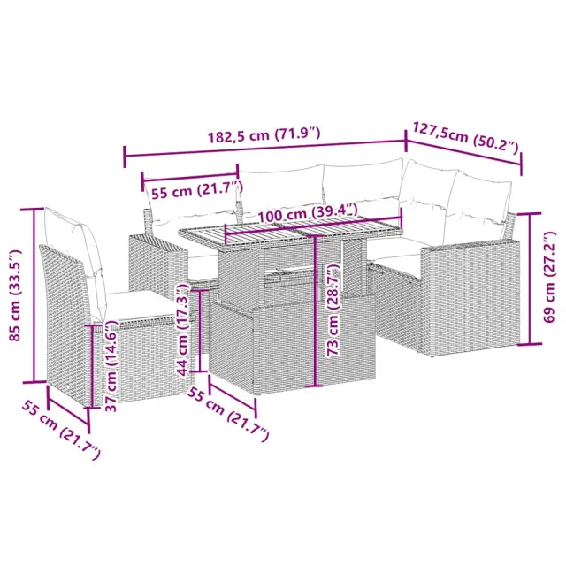 Salon de jardin avec coussins 6 pcs beige résine tressée