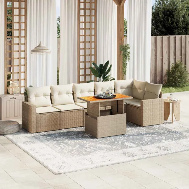 Salon de jardin avec coussins 7 pcs beige résine tressée