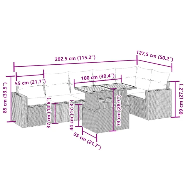 Salon de jardin avec coussins 7 pcs beige résine tressée