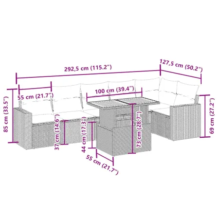 Salon de jardin avec coussins 7 pcs beige résine tressée