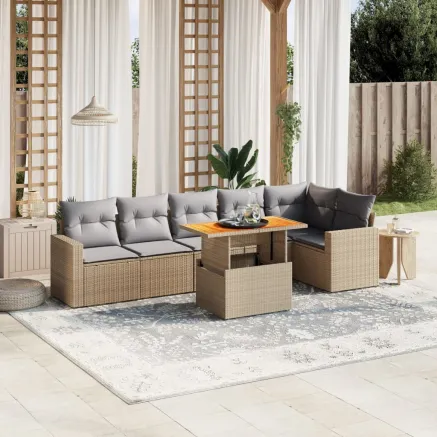 Salon de jardin avec coussins 7 pcs beige résine tressée