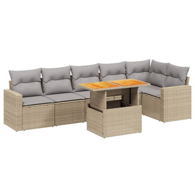 Salon de jardin avec coussins 7 pcs beige résine tressée