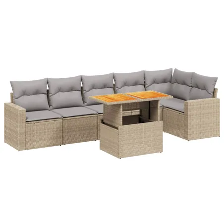 Salon de jardin avec coussins 7 pcs beige résine tressée