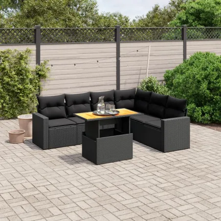 Salon de jardin 7 pcs avec coussins noir résine tressée