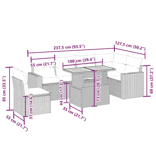 Salon de jardin avec coussins 7 pcs beige résine tressée