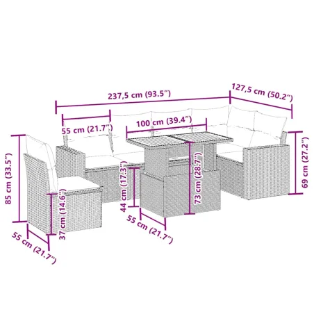 Salon de jardin avec coussins 7 pcs beige résine tressée