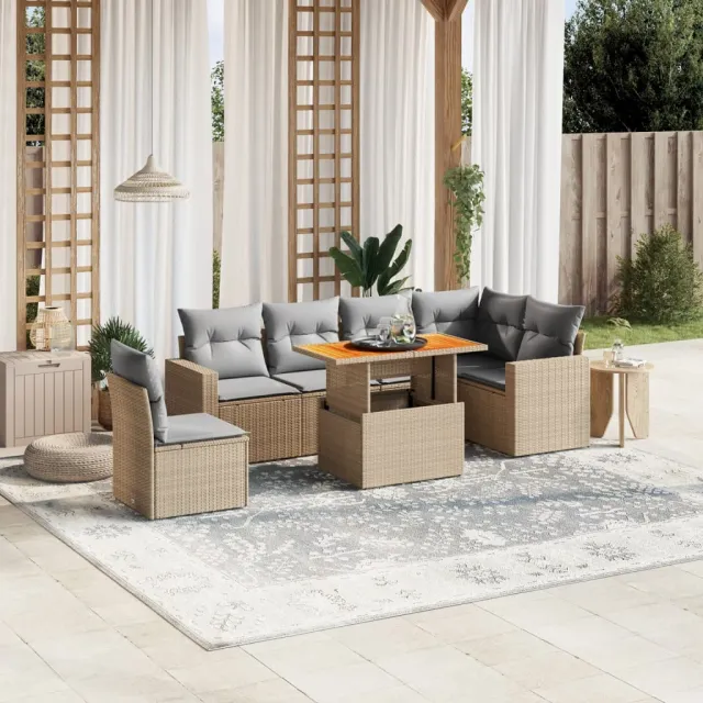 Salon de jardin avec coussins 7 pcs beige résine tressée