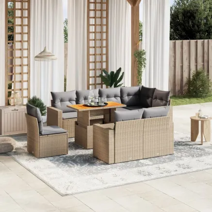 Salon de jardin avec coussins 9 pcs beige résine tressée