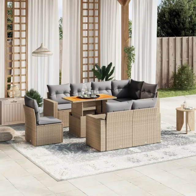 Salon de jardin avec coussins 9 pcs beige résine tressée
