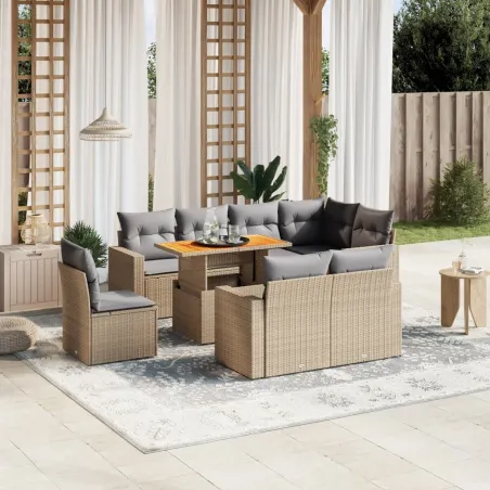 Salon de jardin avec coussins 9 pcs beige résine tressée