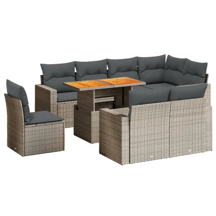 Salon de jardin 9 pcs avec coussins gris résine tressée 2