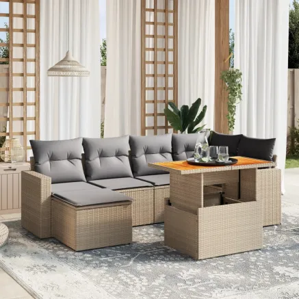 Salon de jardin avec coussins 7 pcs beige résine tressée