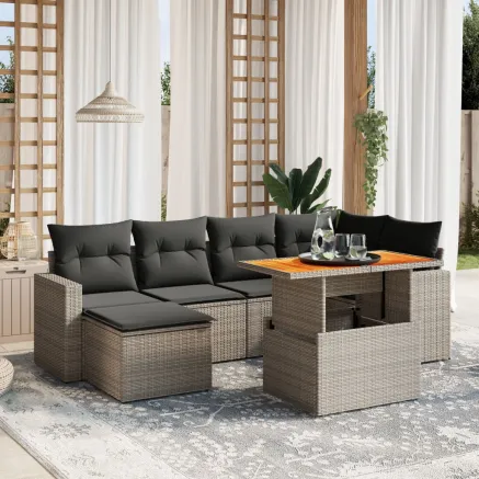 Salon de jardin avec coussins 7 pcs gris résine tressée