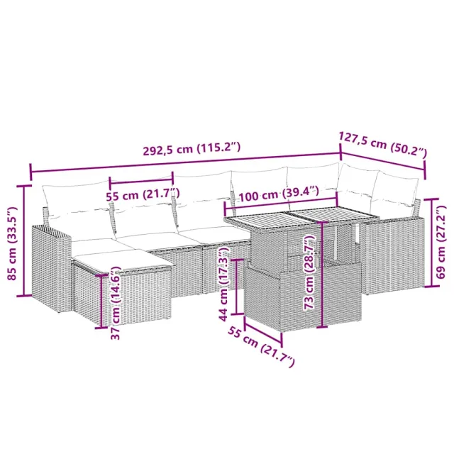 Salon de jardin avec coussins 8 pcs beige résine tressée