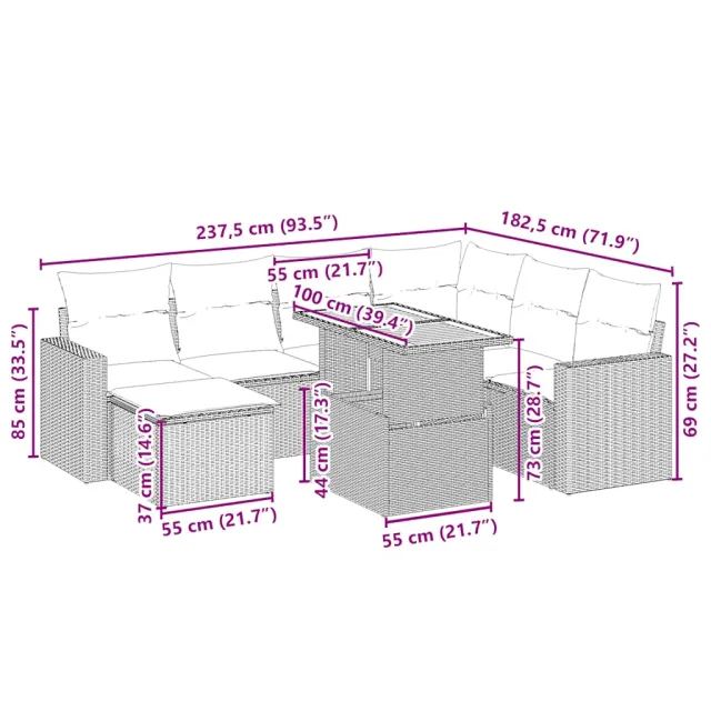 Salon de jardin avec coussins 8 pcs beige résine tressée