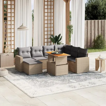 Salon de jardin avec coussins 8 pcs beige résine tressée
