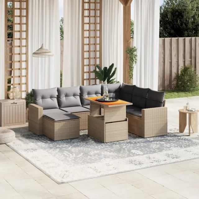 Salon de jardin avec coussins 8 pcs beige résine tressée