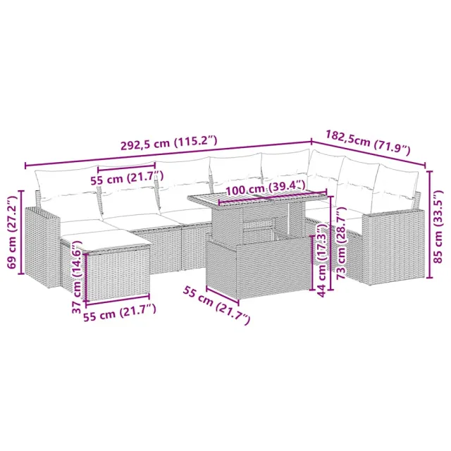 Salon de jardin avec coussins 9 pcs beige résine tressée