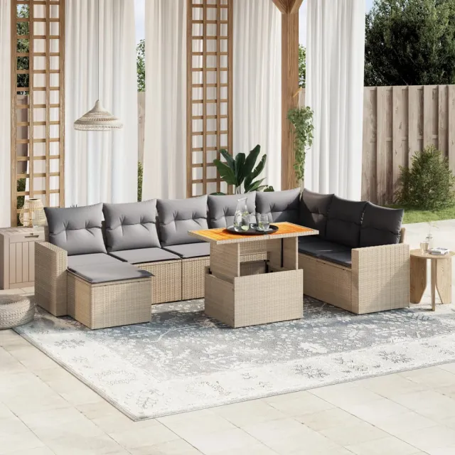 Salon de jardin avec coussins 9 pcs beige résine tressée