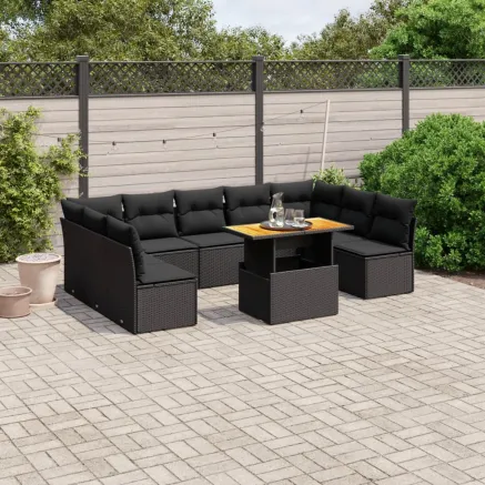 Salon de jardin 10 pcs avec coussins noir résine tressée