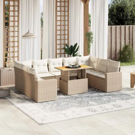 Salon de jardin avec coussins 10 pcs beige résine tressée